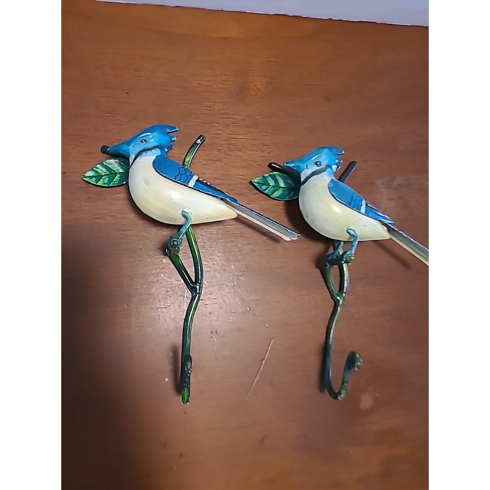 Two Metal Painted Bluejay Birds Wall Hooks On Green Branch 8.5" Tall